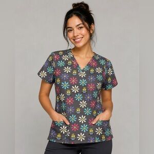 Minions Scrub Top Large Despicable Me Flowers V Neck Pockets Nursing Vet Tech